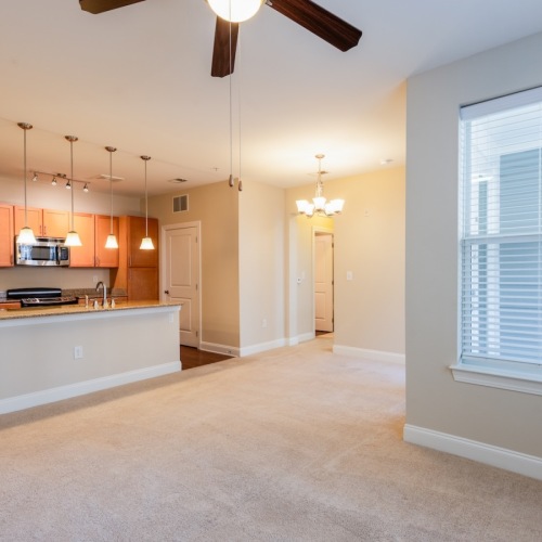 living room with ceiling fan and kitchen